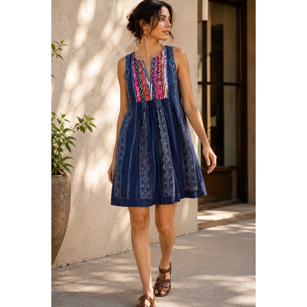 Akemi + Kin Anthropologie Embroidered Cotton Metallic Boho Tunic Dress Blue 4P